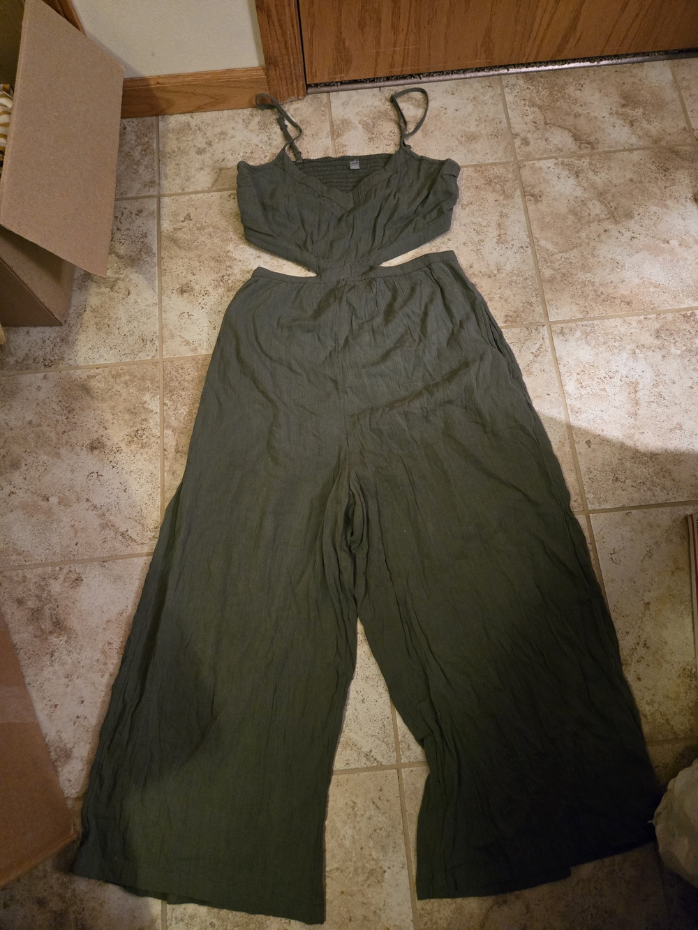 aerie Olive Green Wide-Leg Cutout Jumpsuit with Spaghetti Straps - Picture 3 of 5